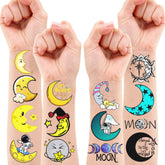 78PCS Moon Temporary Tattoos Themed Space Birthday Party Decorations Supplies Favors Decor Sun Moon Stars Temporary Tattoos Stickers Cute Gifts for Kids Boys Girls Prizes Rewards